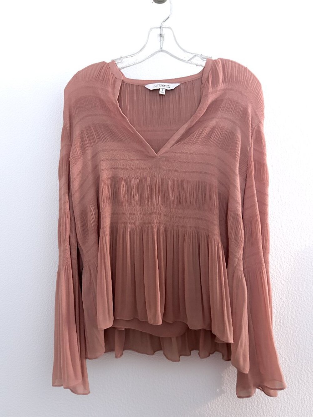 INTERMIX Boho Pleated Blouse Breezy Dusty Rose Flowy Bell Sleeves & Cami Small